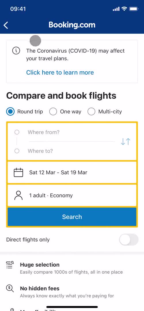 Screenshot of Search for flights on General browsing on Booking.com user flow