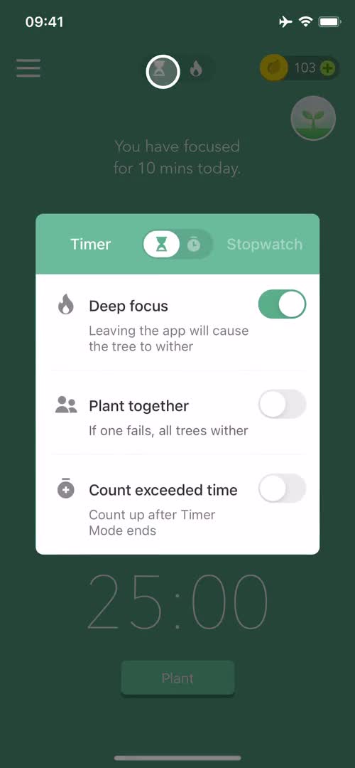 Screenshot of Timer options on General browsing on Forest user flow