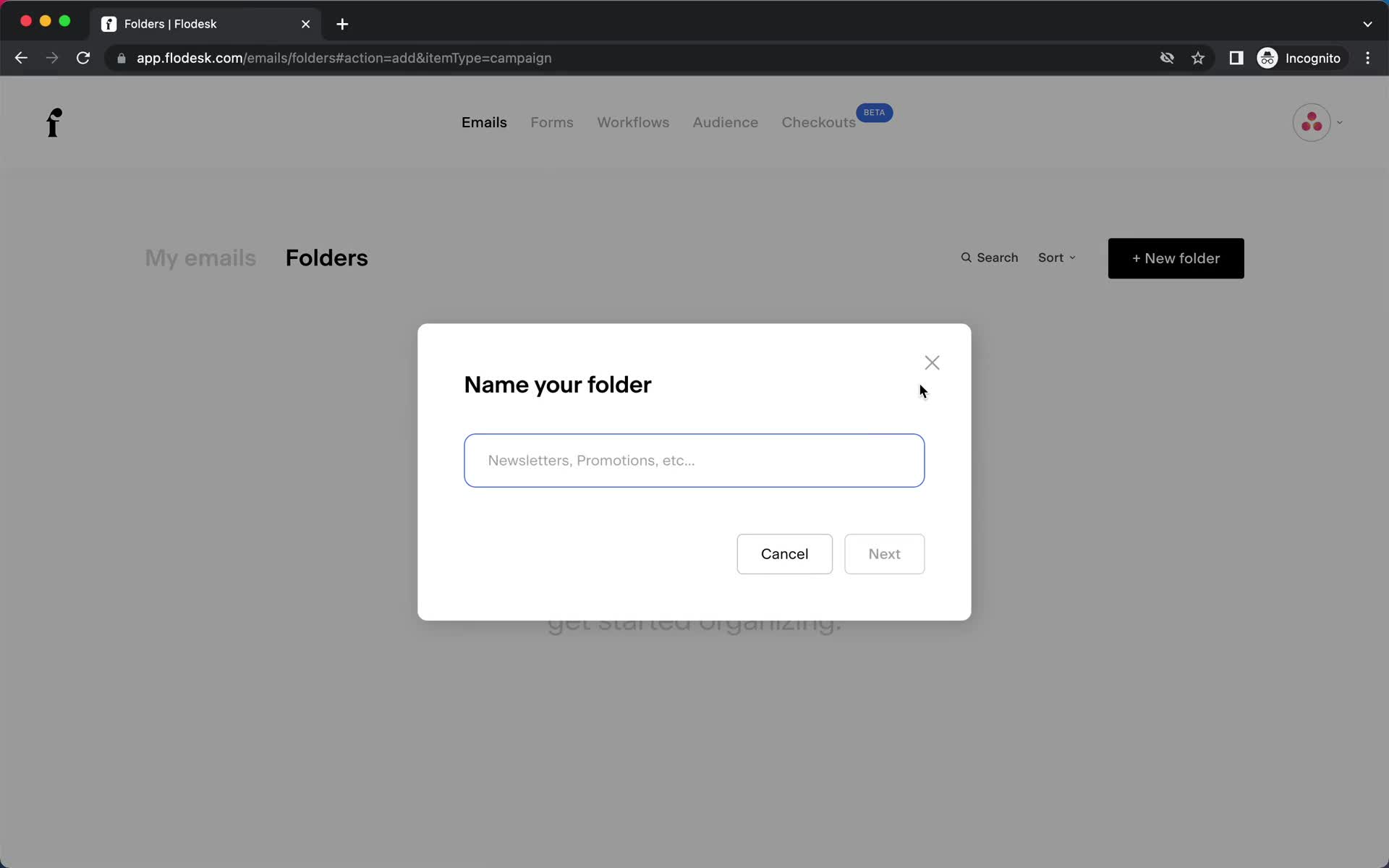Screenshot of Create folder on General browsing on Flodesk user flow