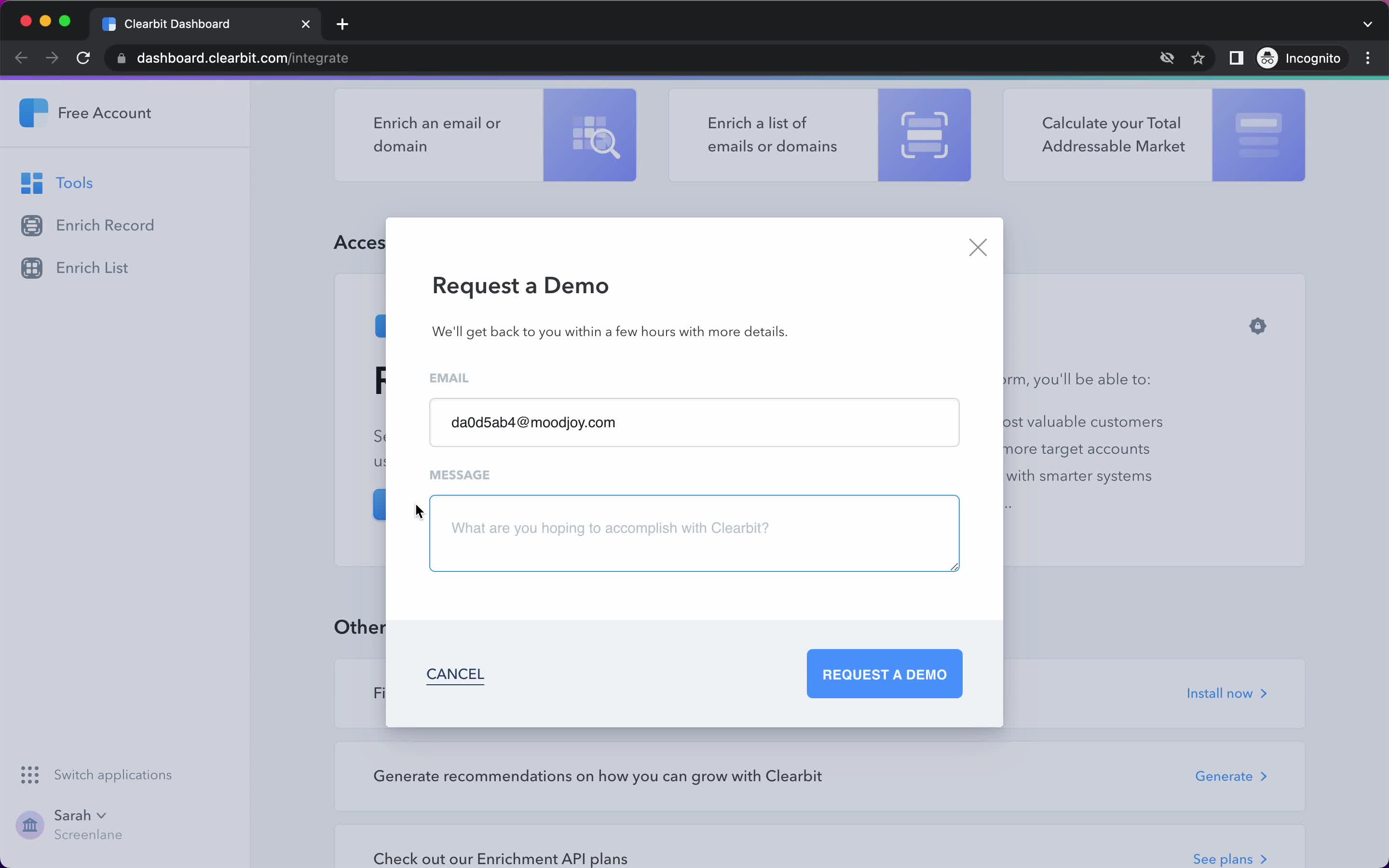 Screenshot of Request a demo on General browsing on Clearbit user flow