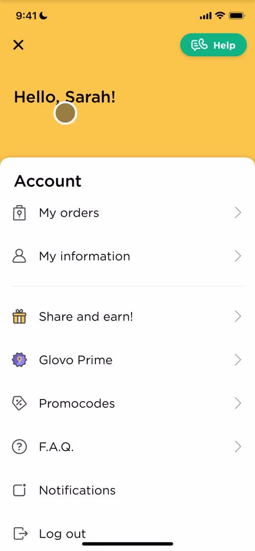 Screenshot of Account menu on General browsing on Glovo user flow