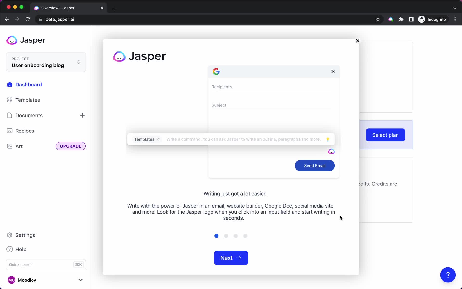 Screenshot of Welcome slides on General browsing on Jasper user flow