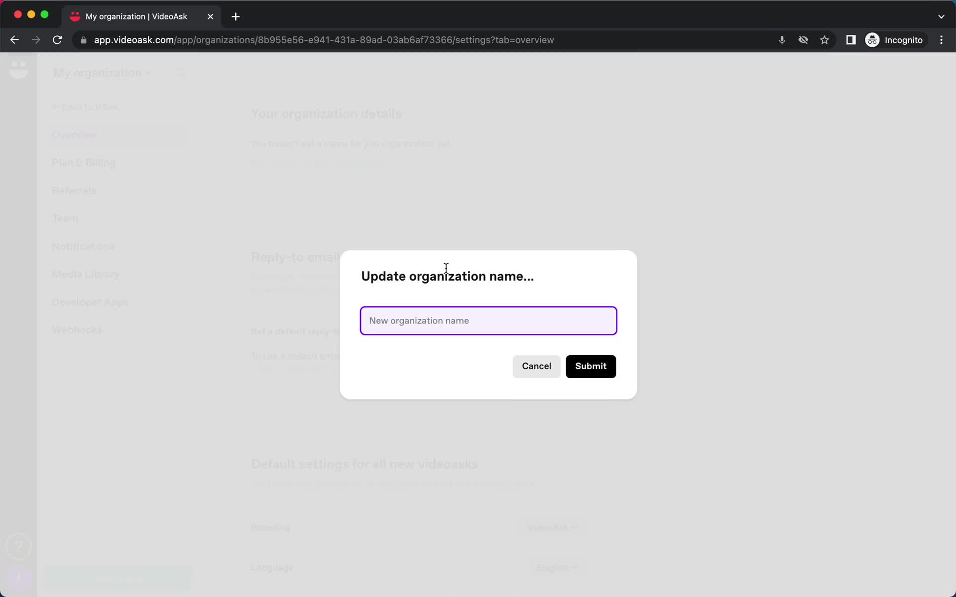 Screenshot of Enter name on General browsing on VideoAsk user flow