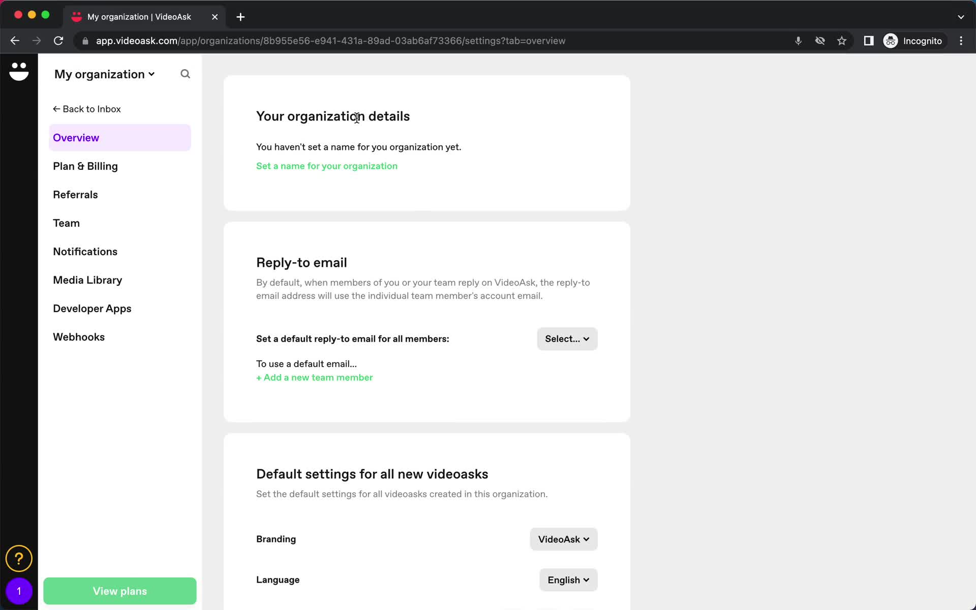 Screenshot of Organization settings on General browsing on VideoAsk user flow