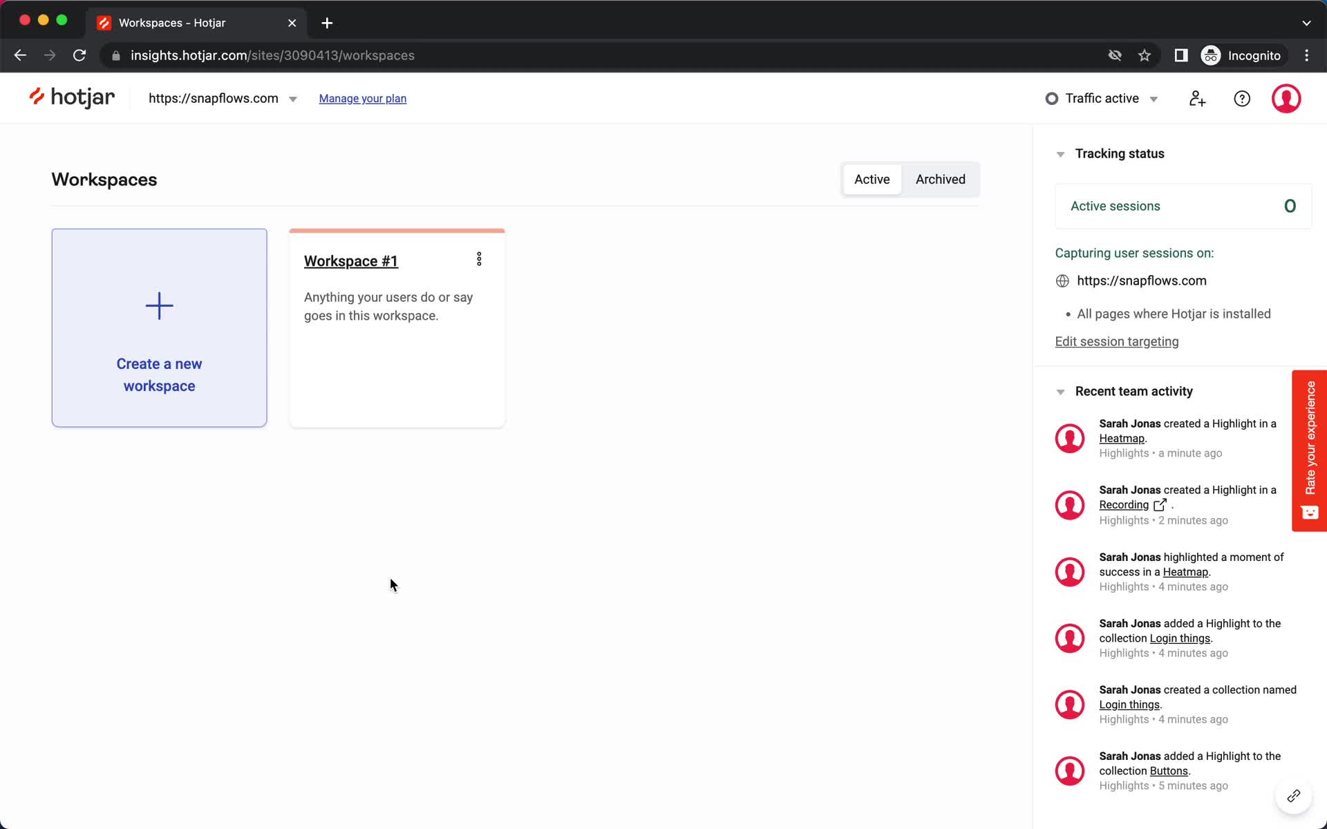 Screenshot of Workspaces on General browsing on Hotjar user flow