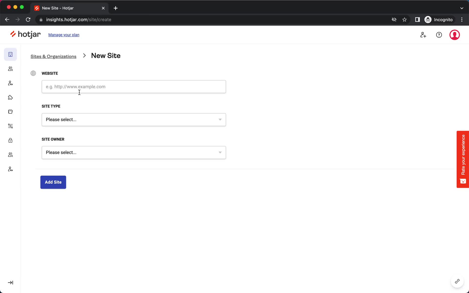 Screenshot of Add website on General browsing on Hotjar user flow