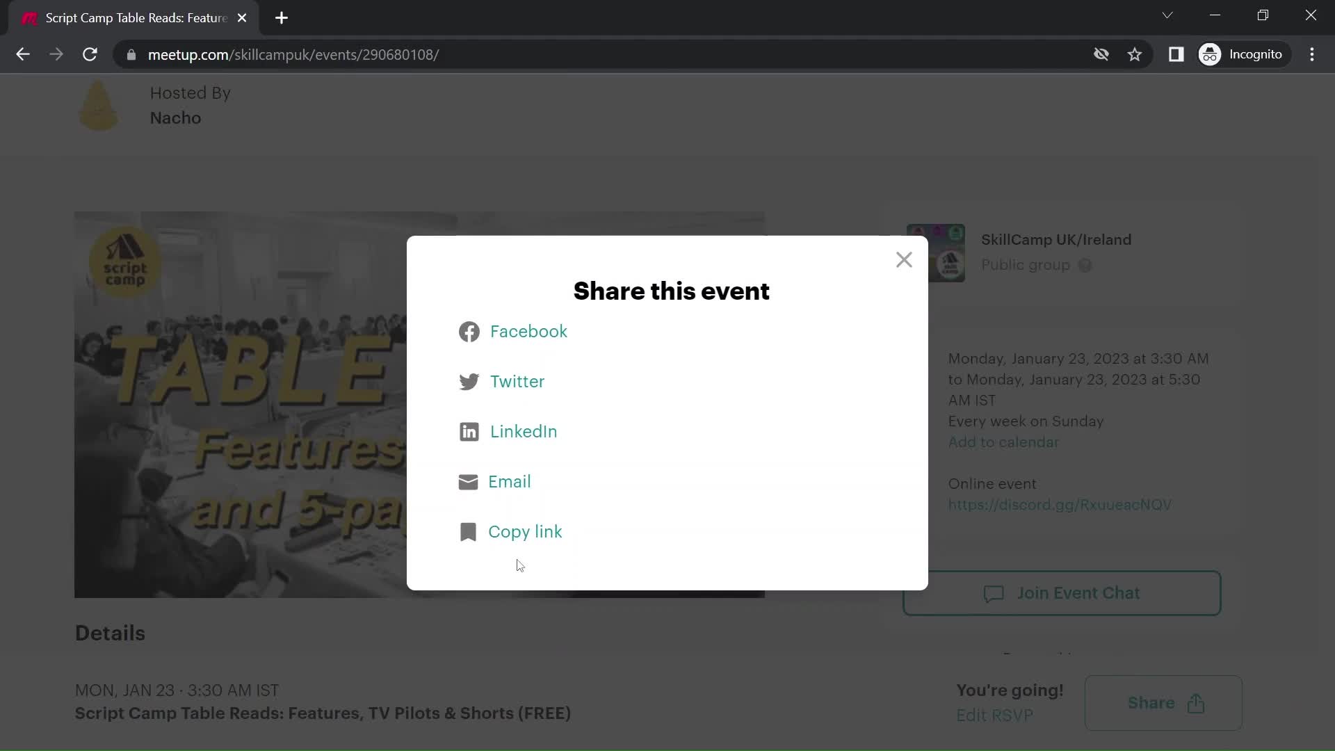 Meetup share screenshot