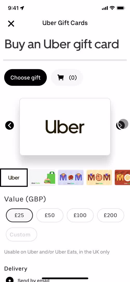 Screenshot of Gift cards on Buying a gift card on Uber Eats user flow