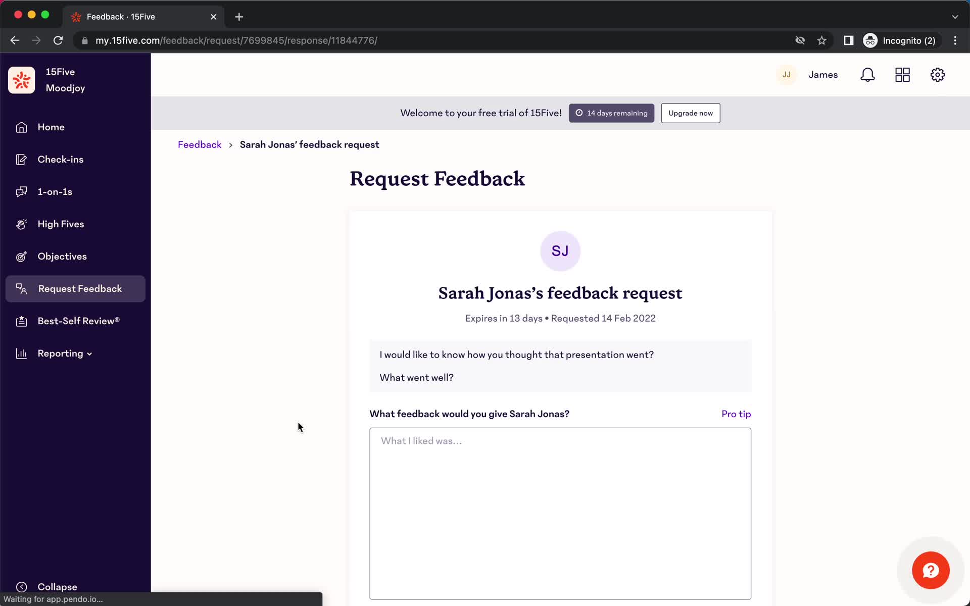 Giving feedback screenshot