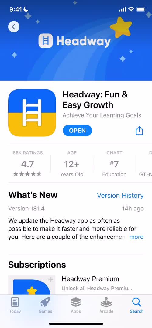 Screenshot of App store listing on Onboarding on Headway user flow