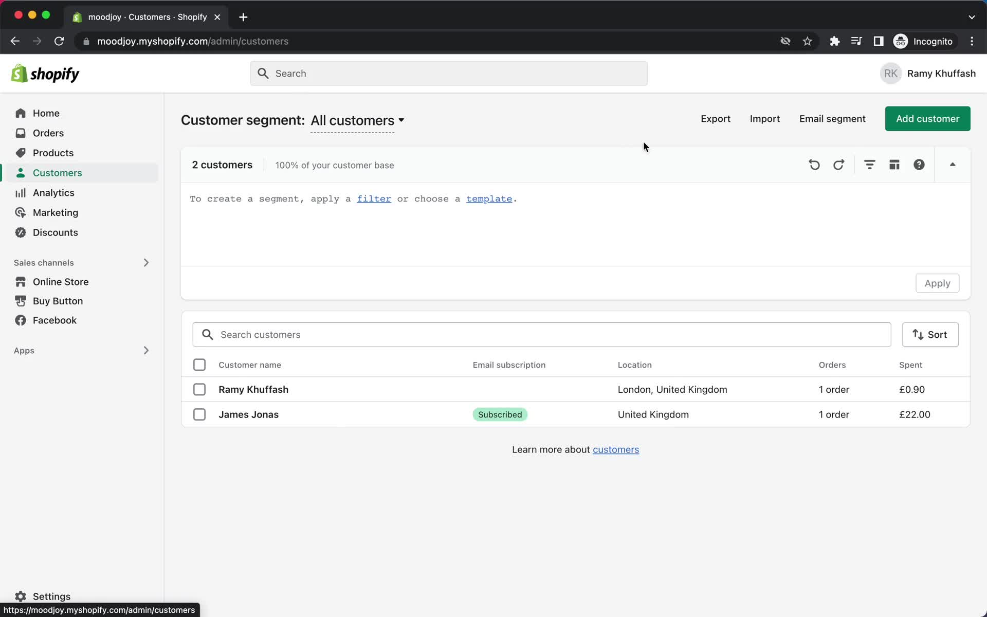 Screenshot of Customers on CSV import on Shopify user flow