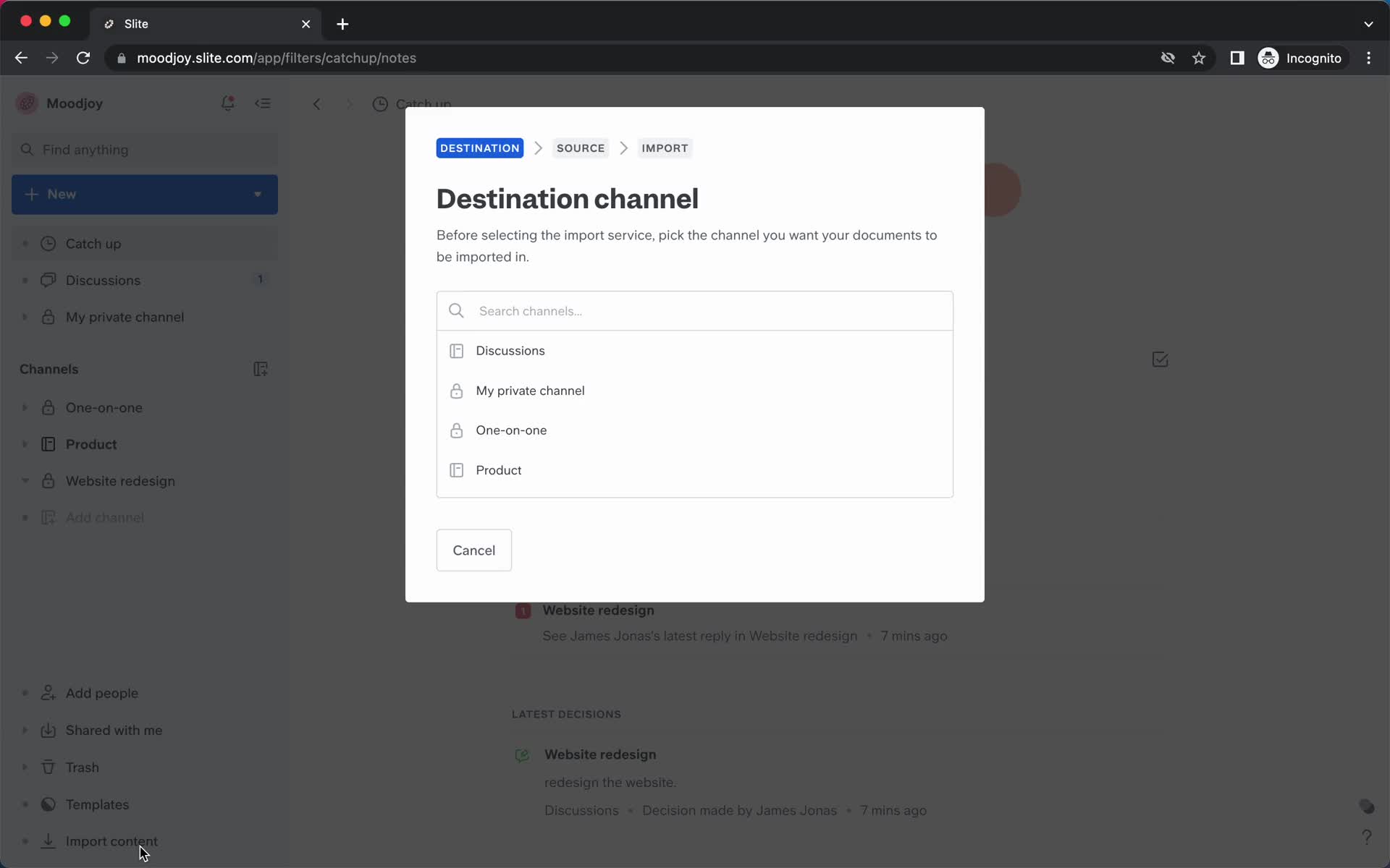 Screenshot of Select channel on Importing on Slite user flow