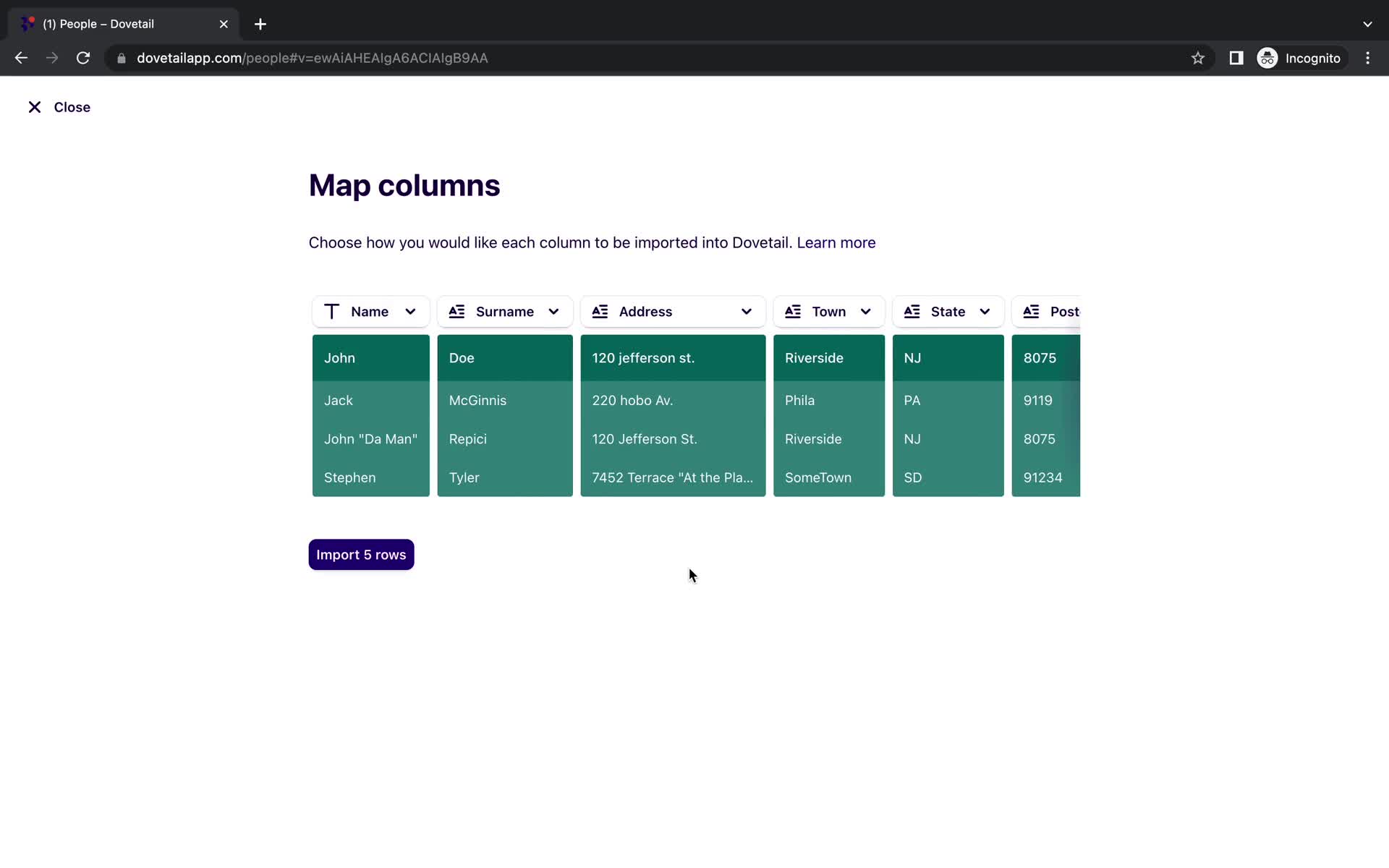 CSV import screenshot