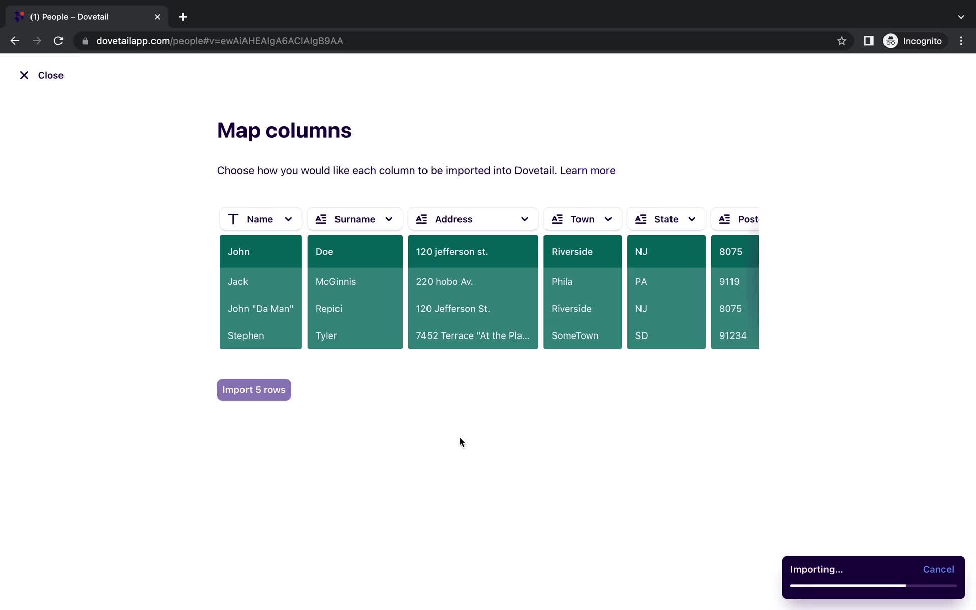 CSV import screenshot