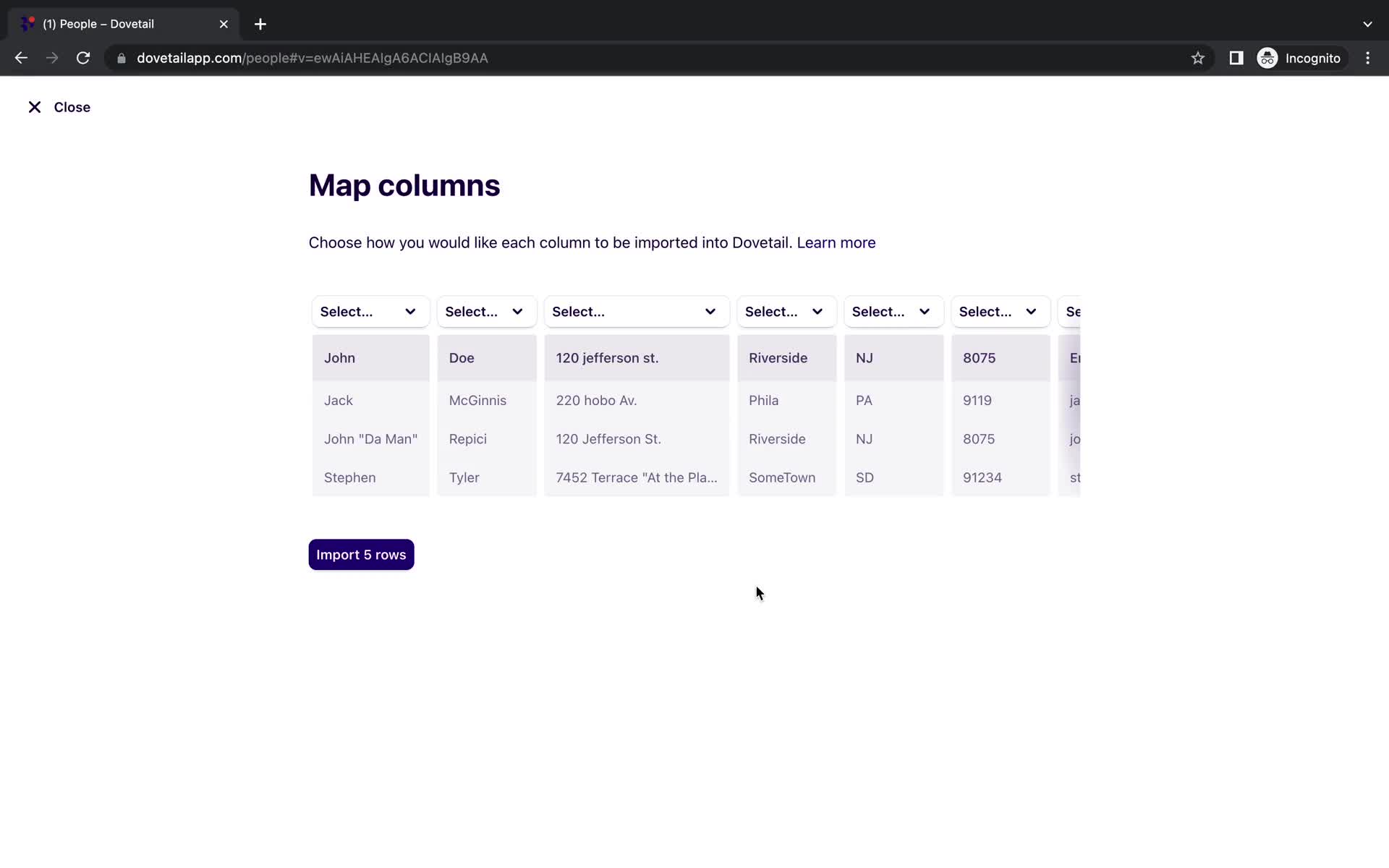 CSV import screenshot