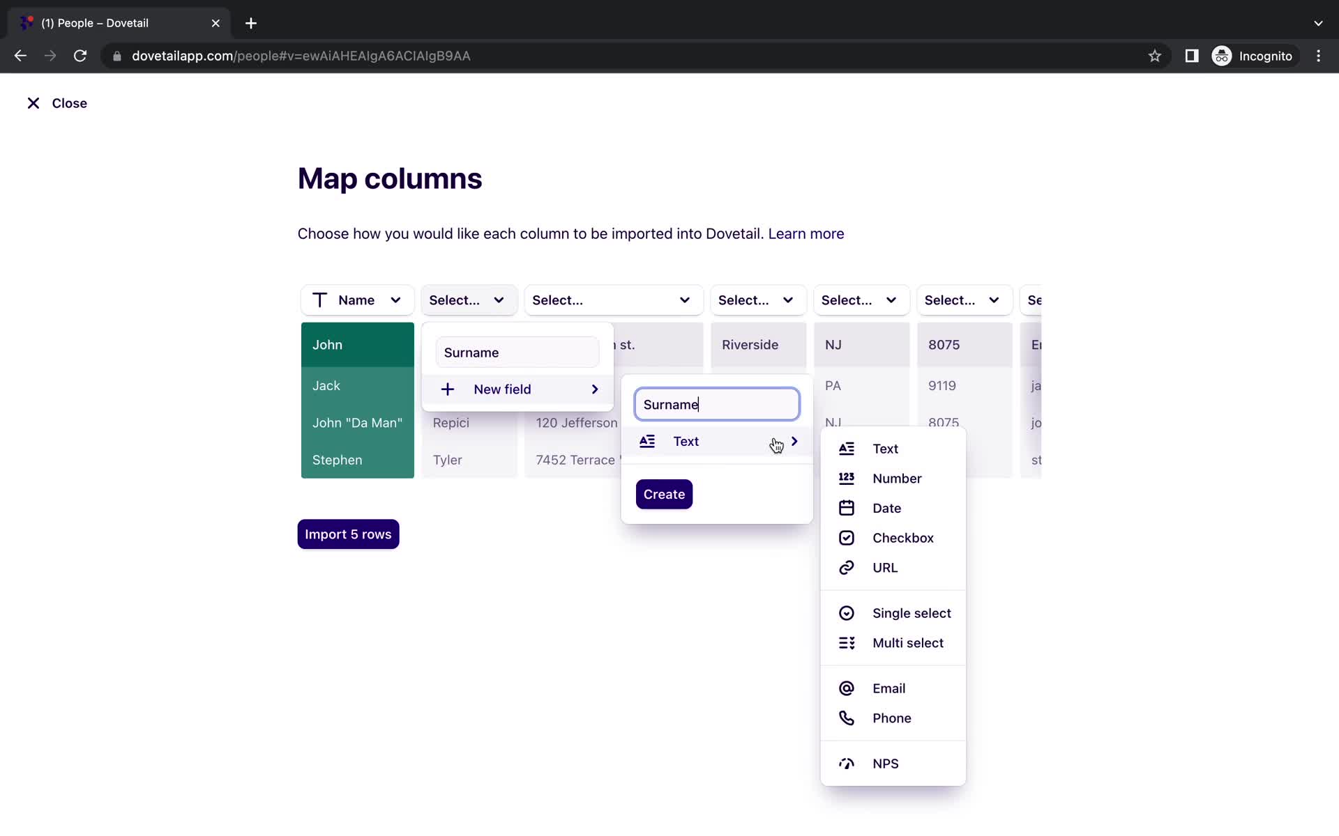 CSV import screenshot