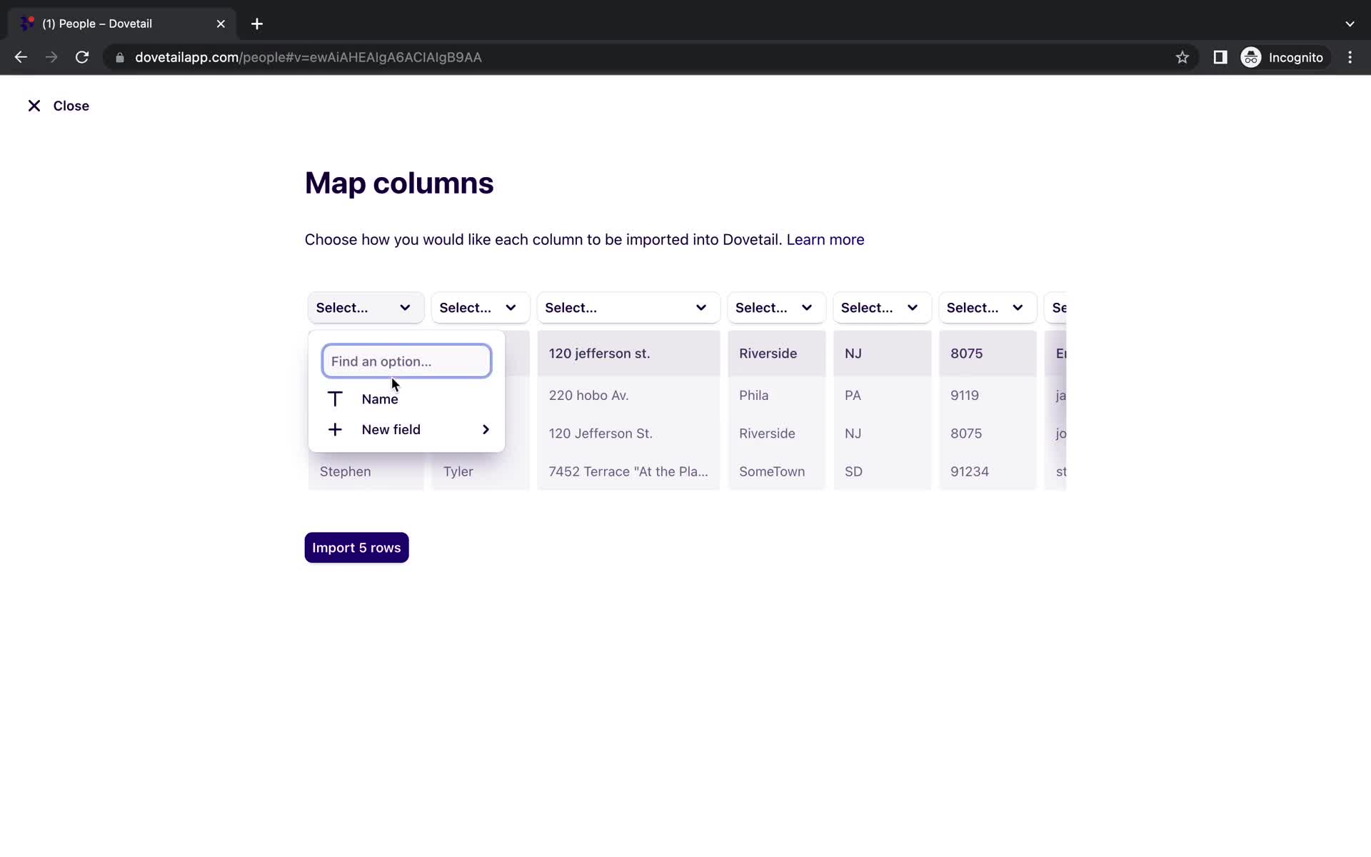 CSV import screenshot