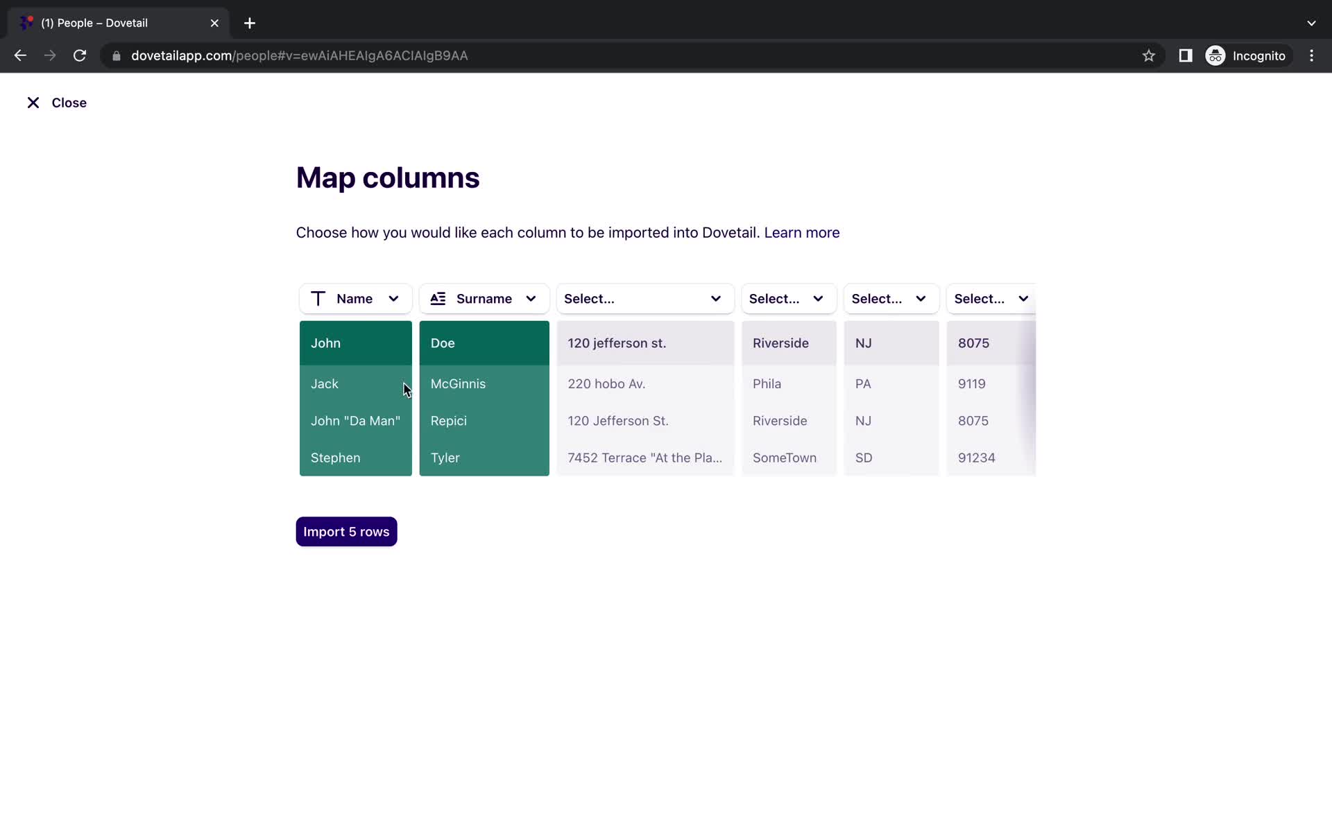 CSV import screenshot