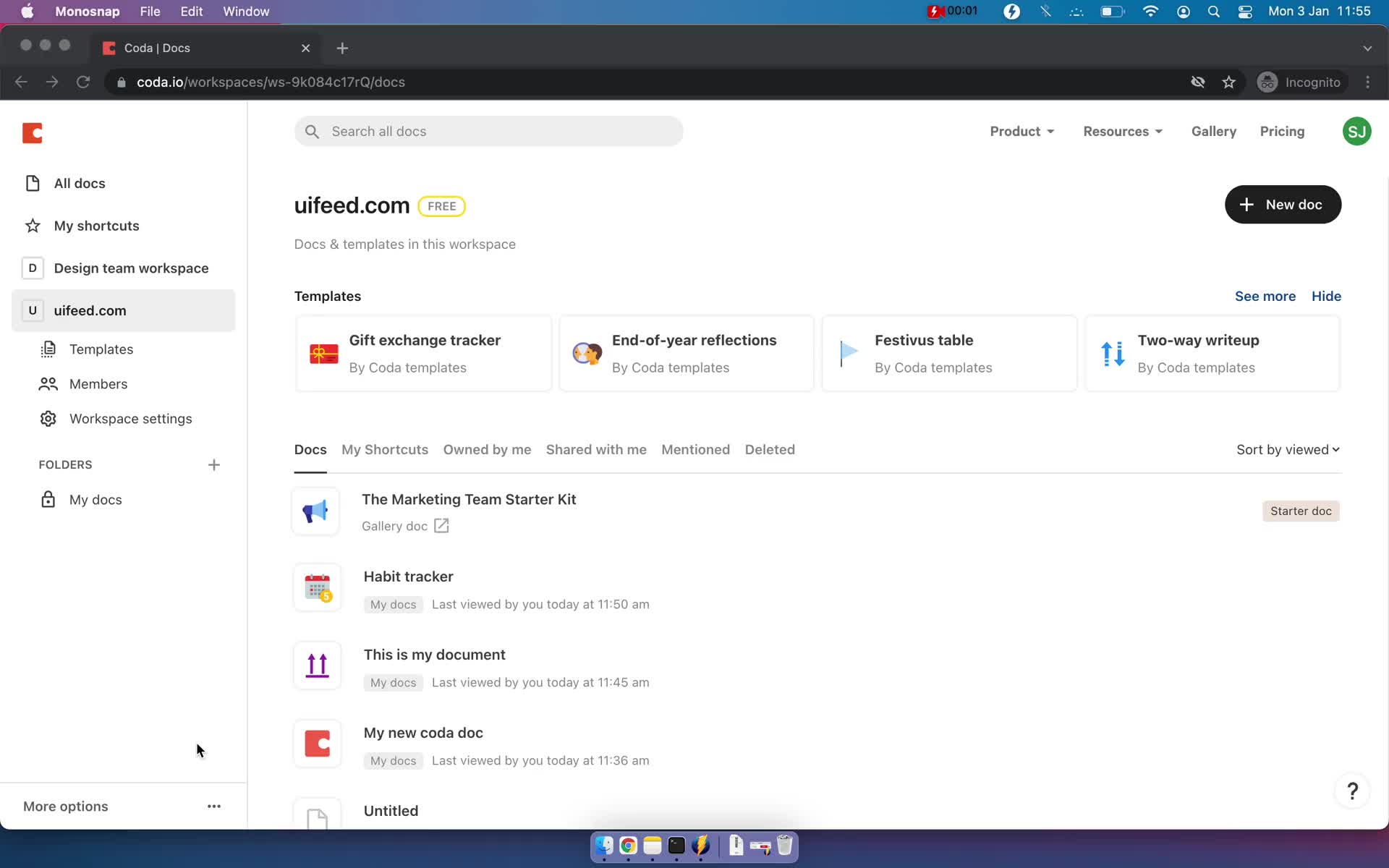 Screenshot of Workspace on CSV import on Coda user flow