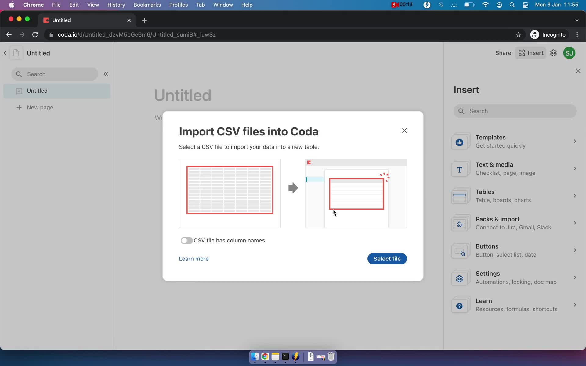 CSV import screenshot