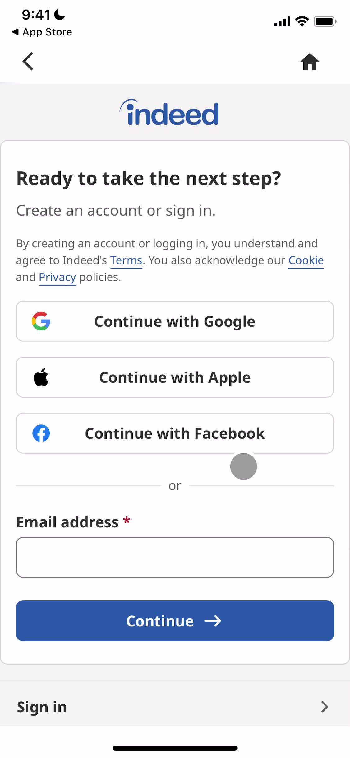 Indeed sign up screenshot