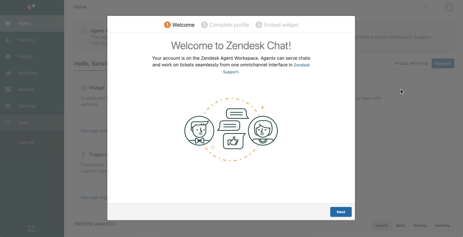 Screenshot of Welcome on Installing a widget on Zendesk user flow