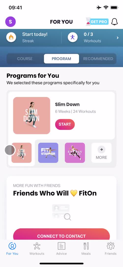 Screenshot of Home on Adding a friend on FitOn user flow