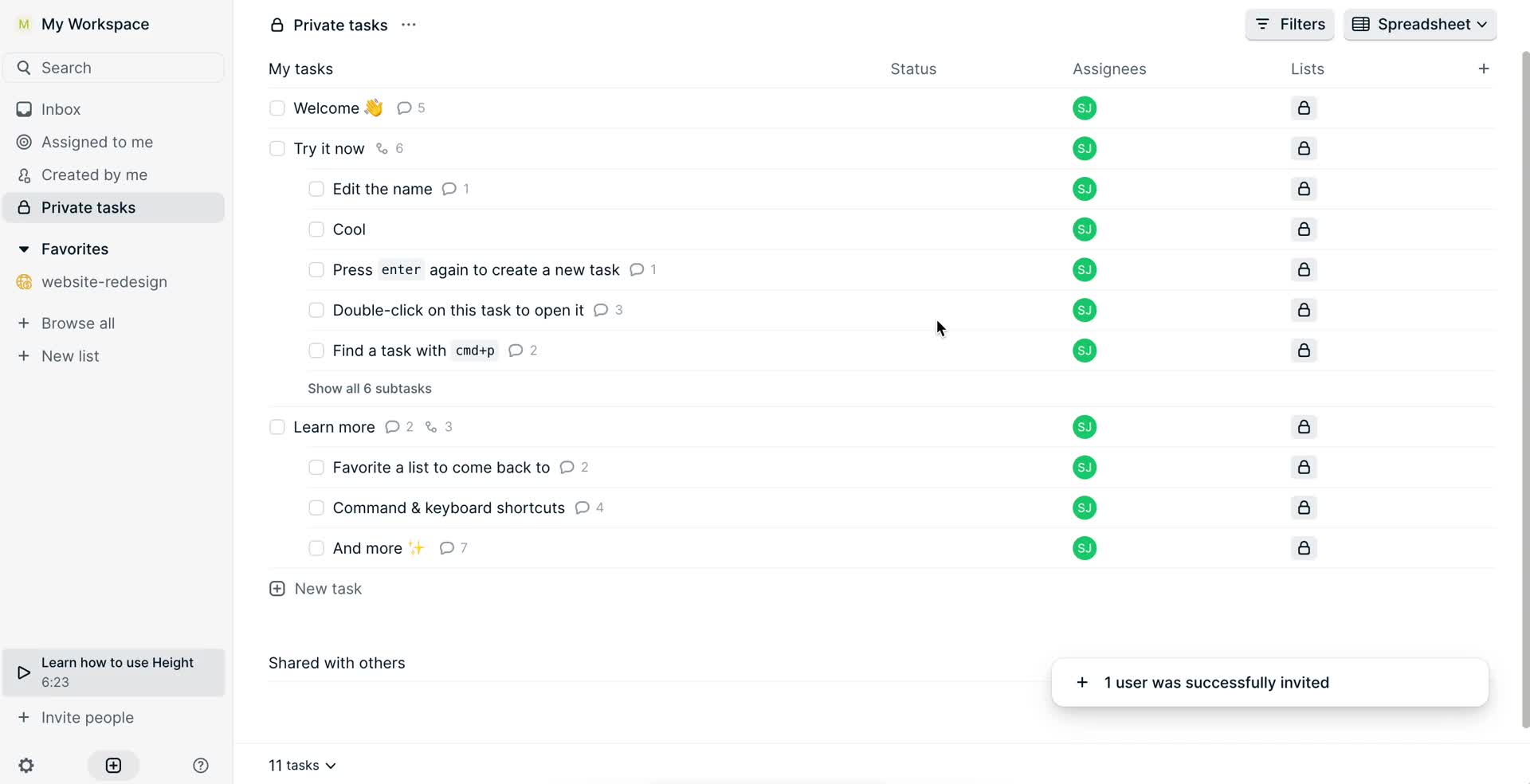 Screenshot of Invites sent on Inviting people on Height user flow
