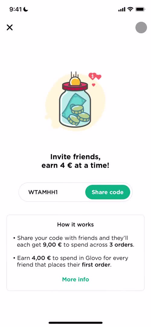 Screenshot of Invite friends on Inviting people on Glovo user flow
