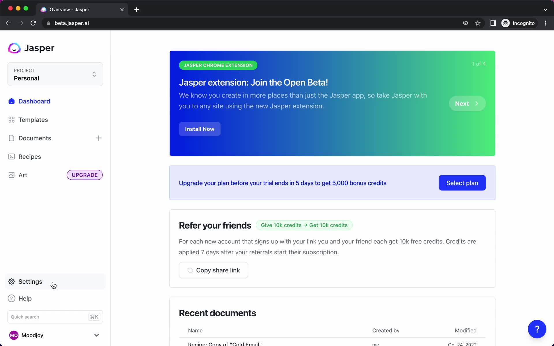 Screenshot of Dashboard on Inviting people on Jasper user flow