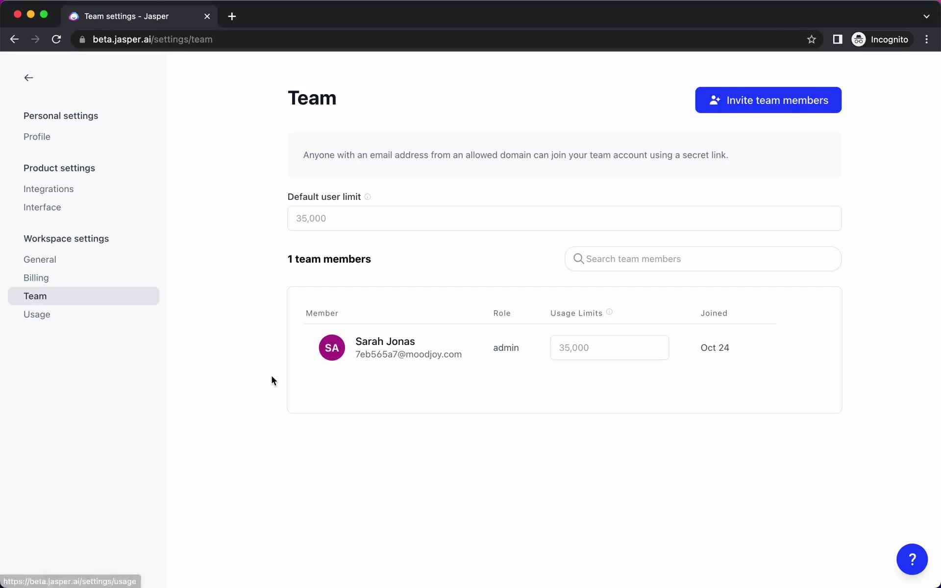 Screenshot of Team on Inviting people on Jasper user flow