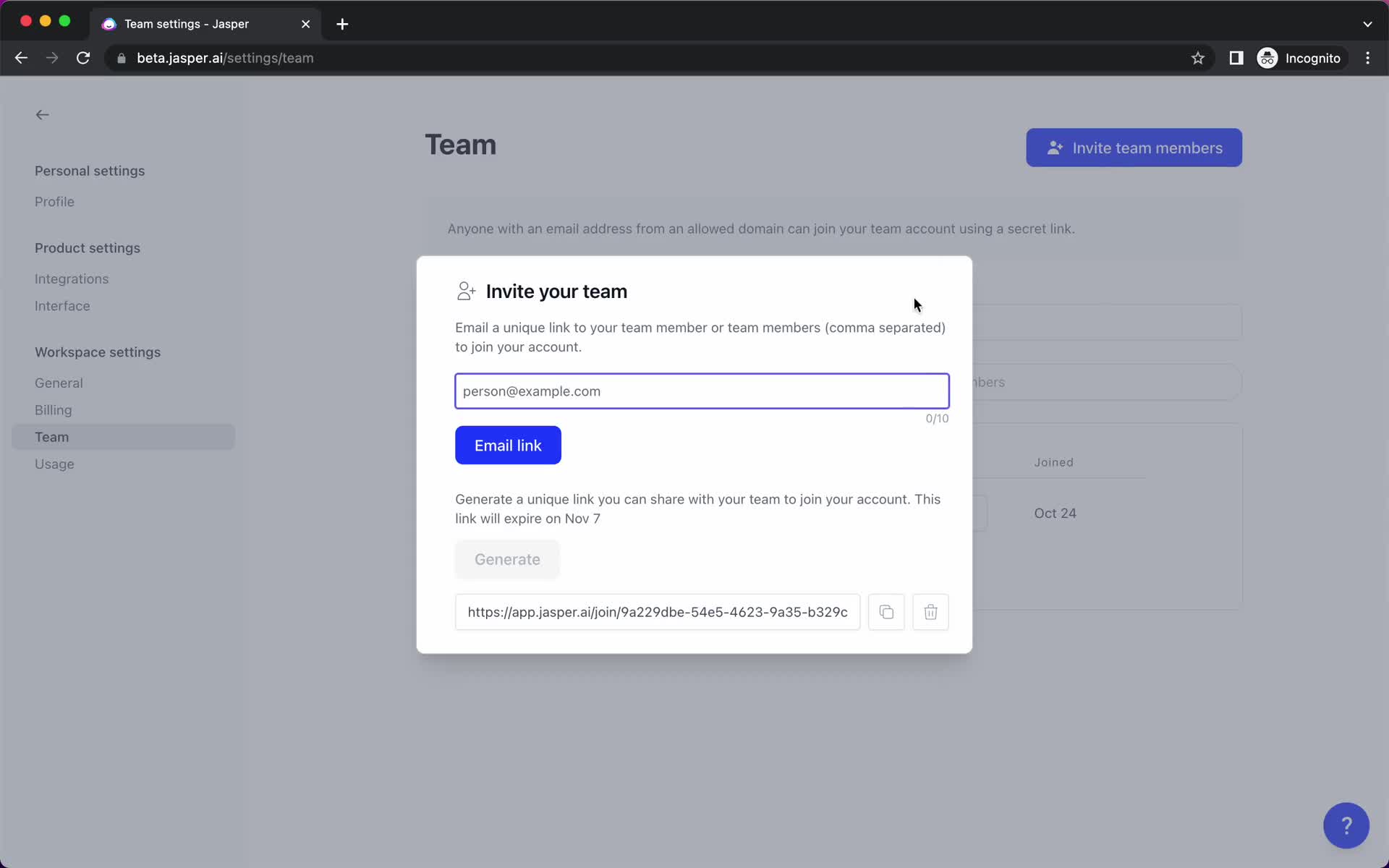 Screenshot of Invite team on Inviting people on Jasper user flow