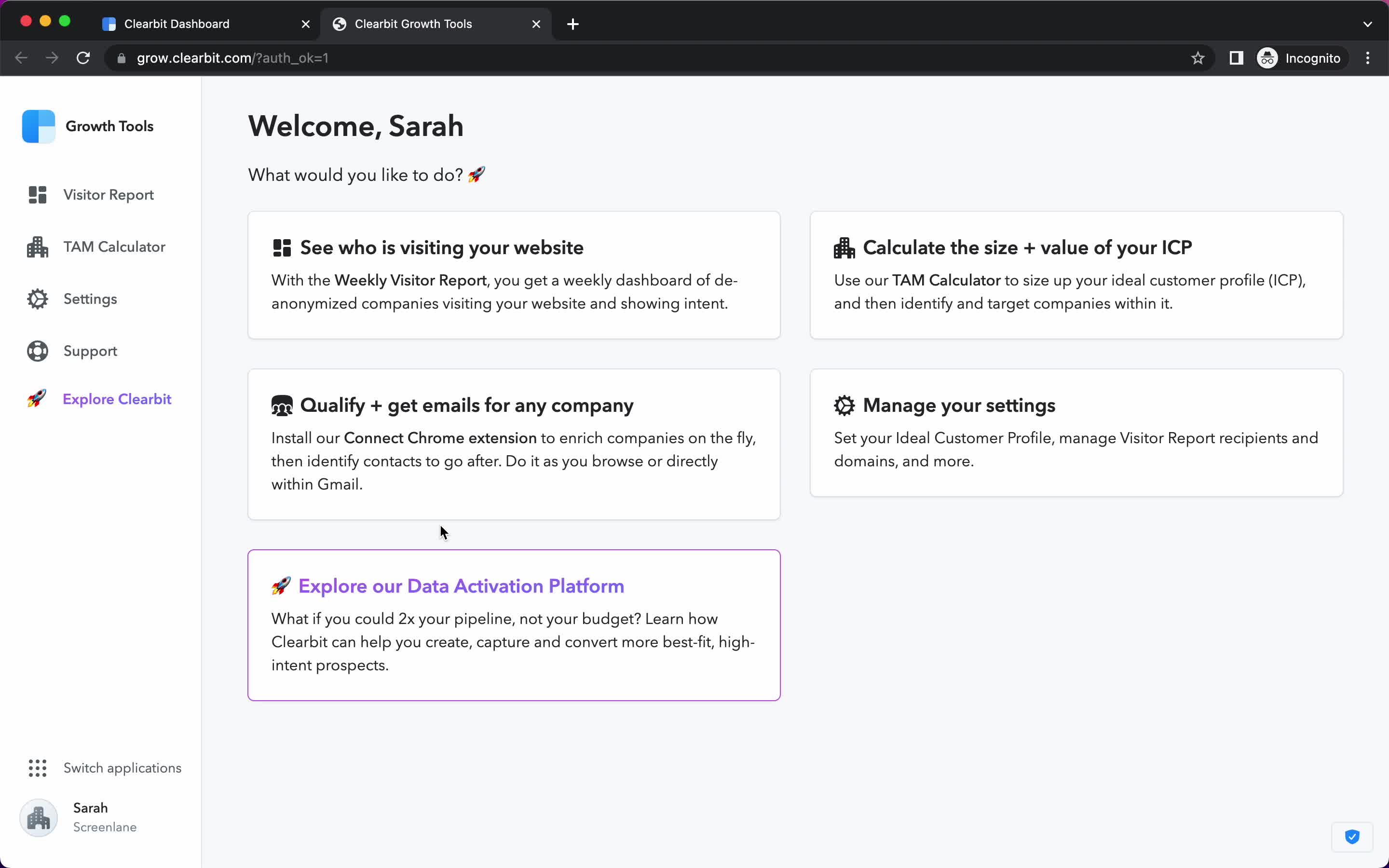 Screenshot of Select next step on Inviting people on Clearbit user flow