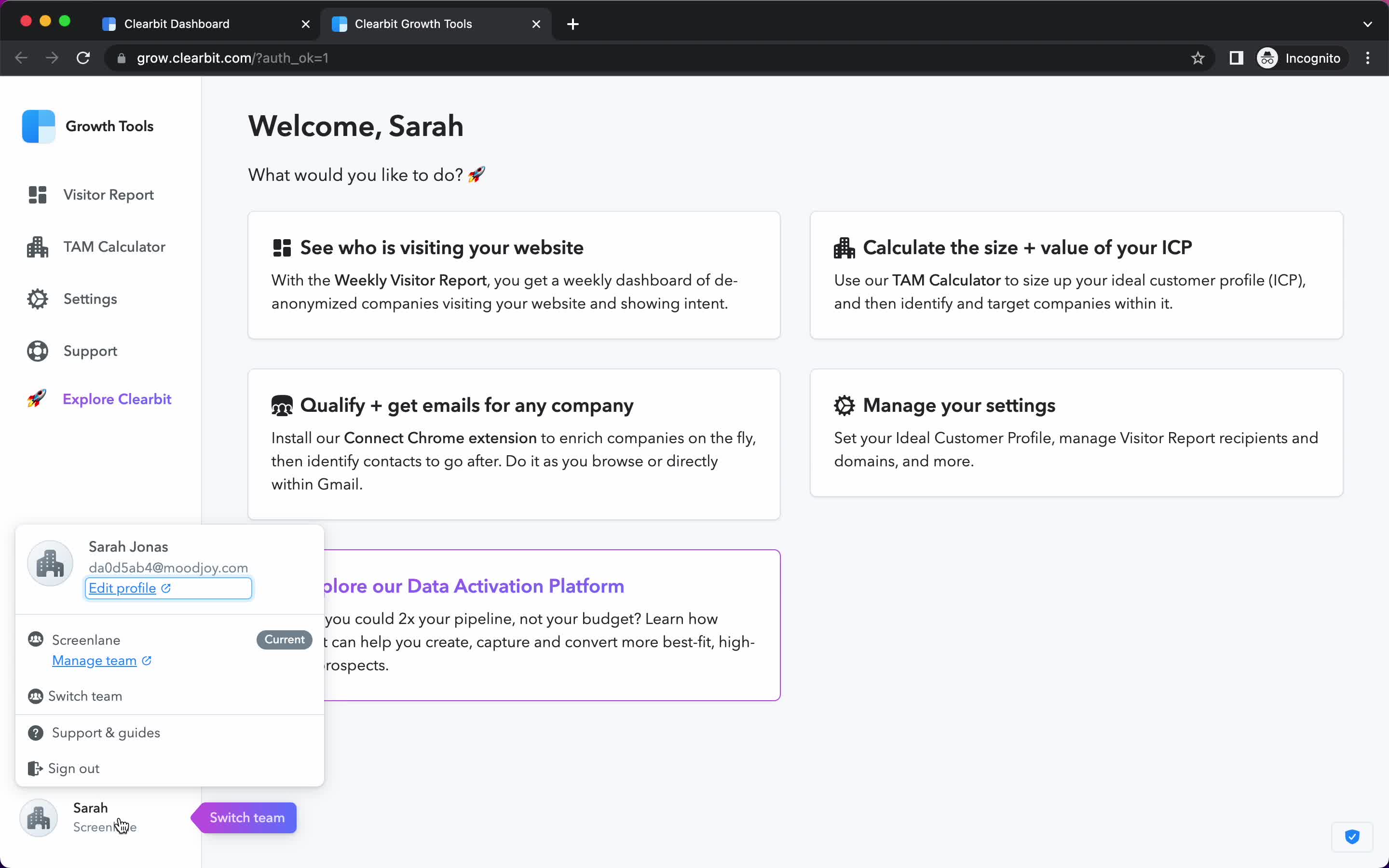 Screenshot of Account menu on Inviting people on Clearbit user flow