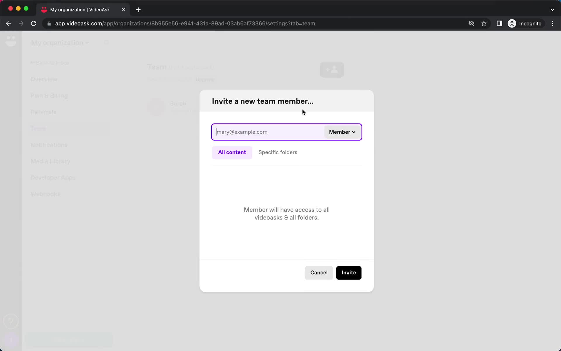 Screenshot of Invite team on Inviting people on VideoAsk user flow