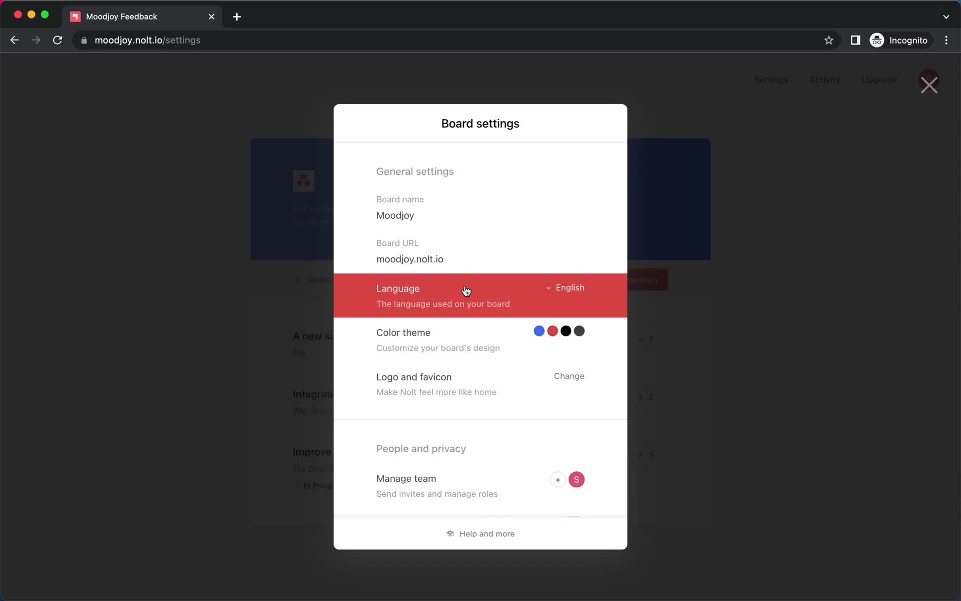 Screenshot of Board settings on Inviting people on Nolt user flow