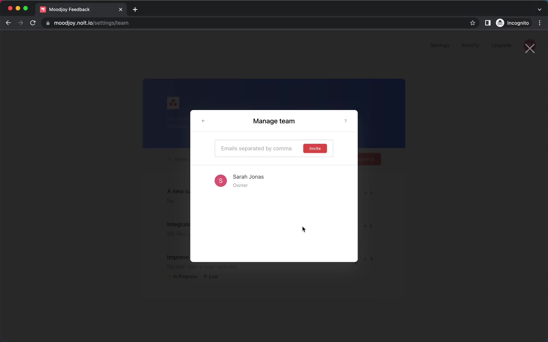Screenshot of Manage team on Inviting people on Nolt user flow
