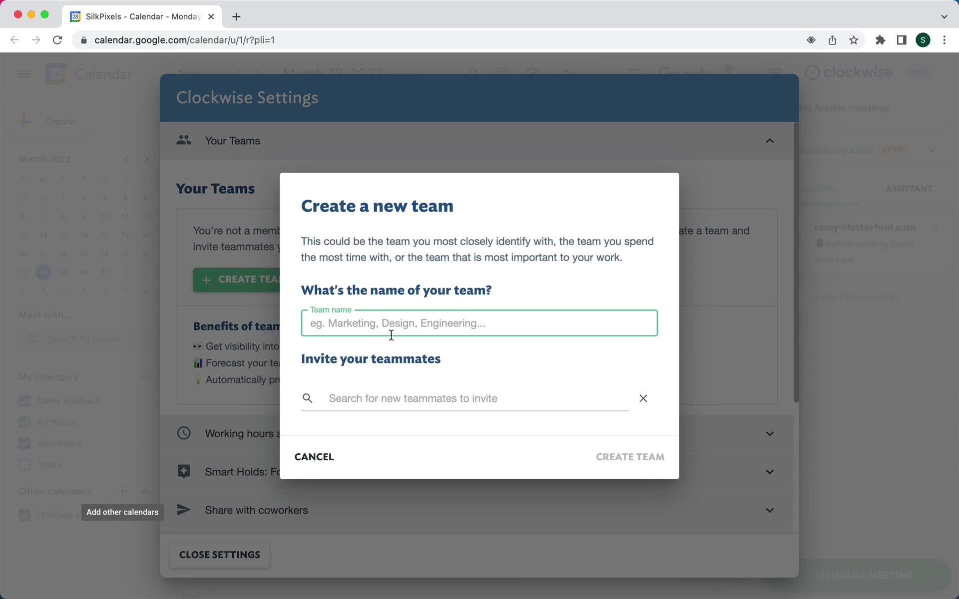 Screenshot of Create team on Inviting people on Clockwise user flow