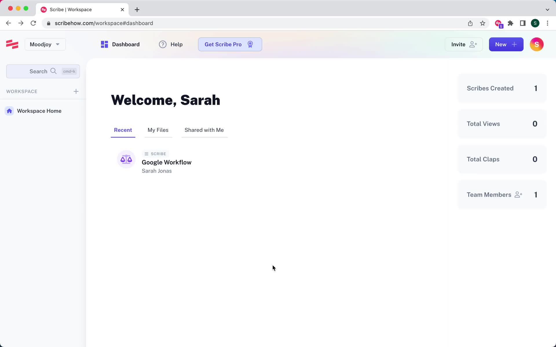 Screenshot of Home on Inviting people on Scribe user flow