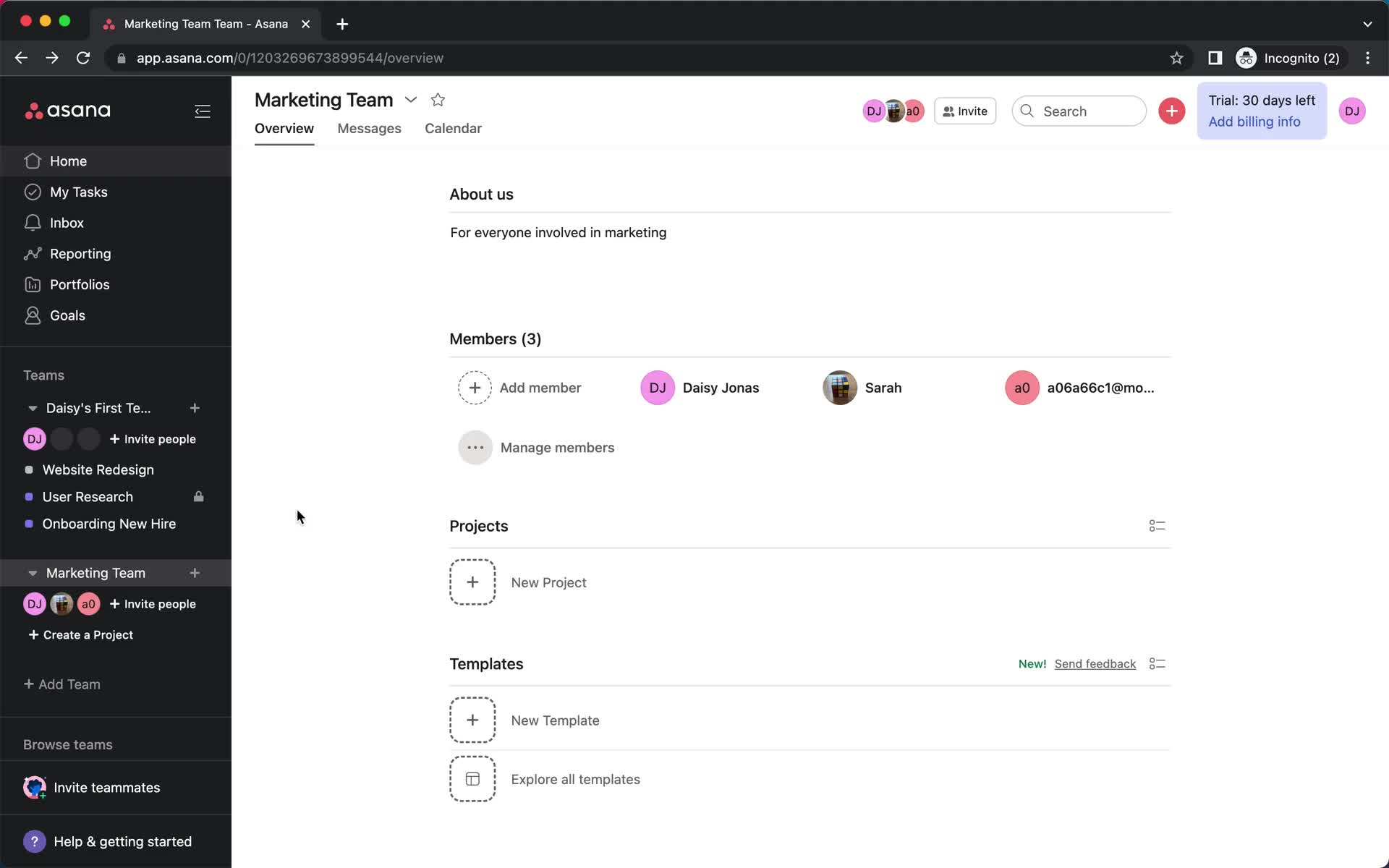 Screenshot of Home on Inviting people on Asana user flow