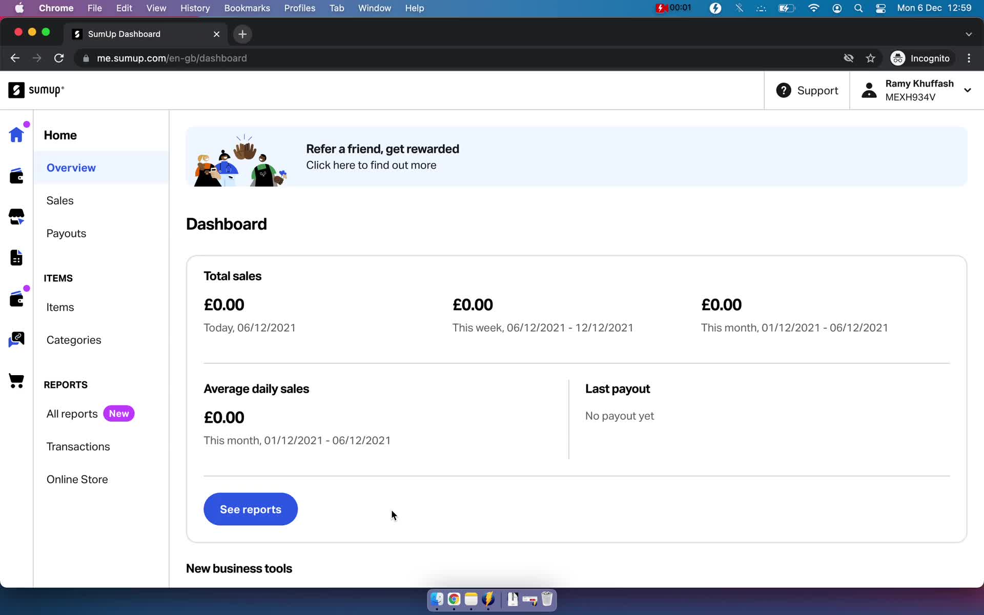 Screenshot of Dashboard on Creating an invoice on SumUp user flow
