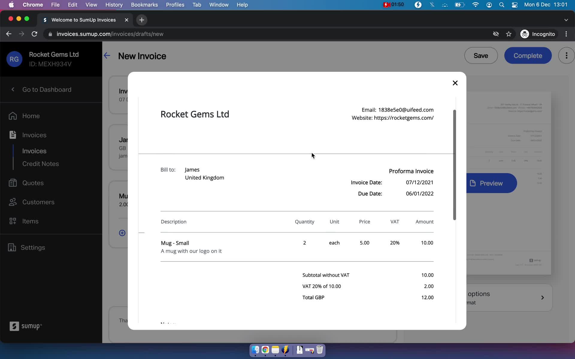 Creating an invoice screenshot