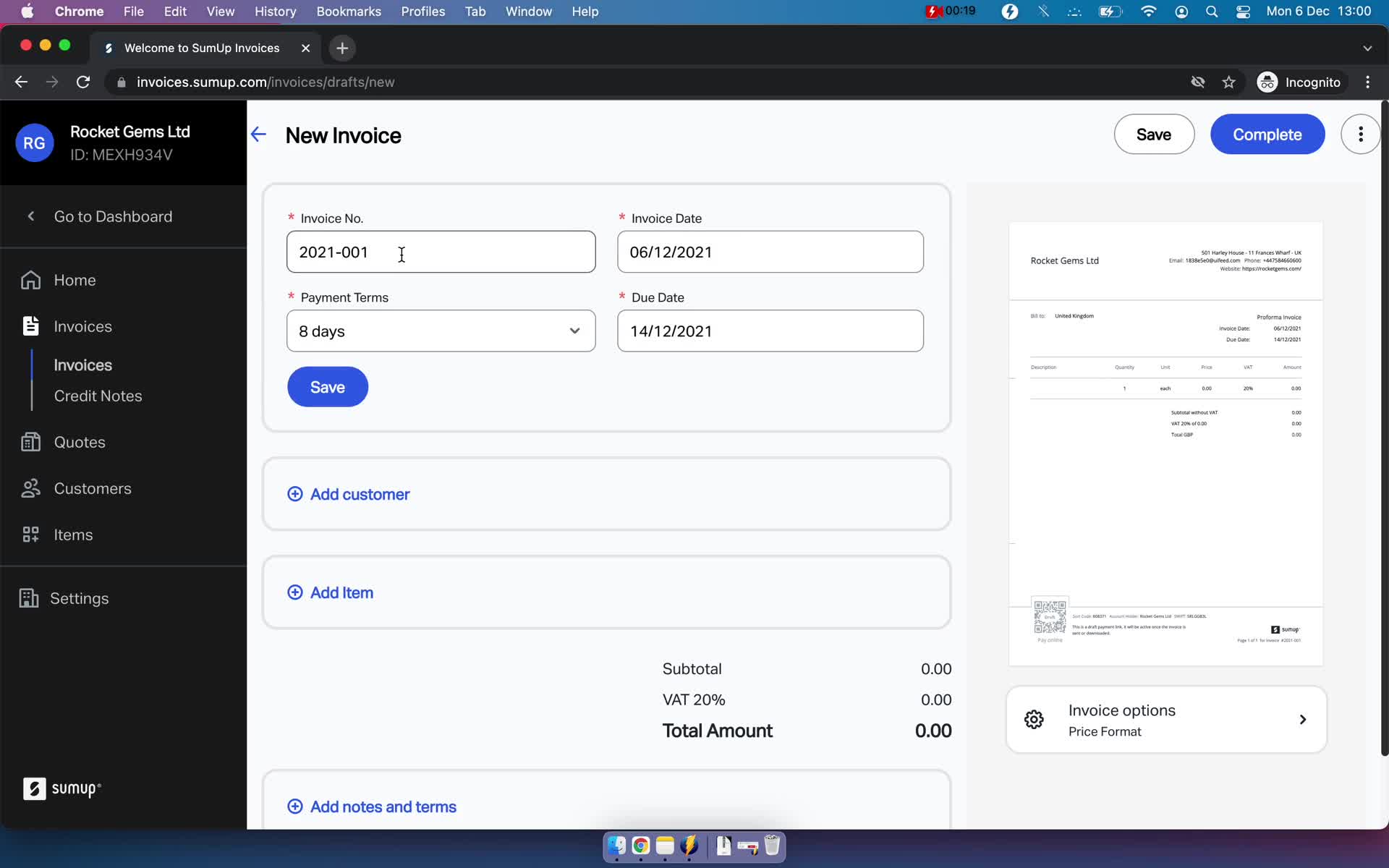 Creating an invoice screenshot