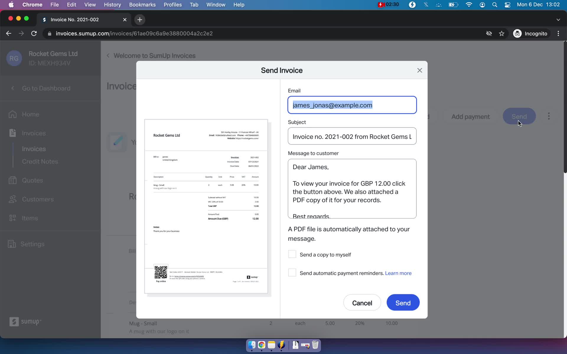 Creating an invoice screenshot