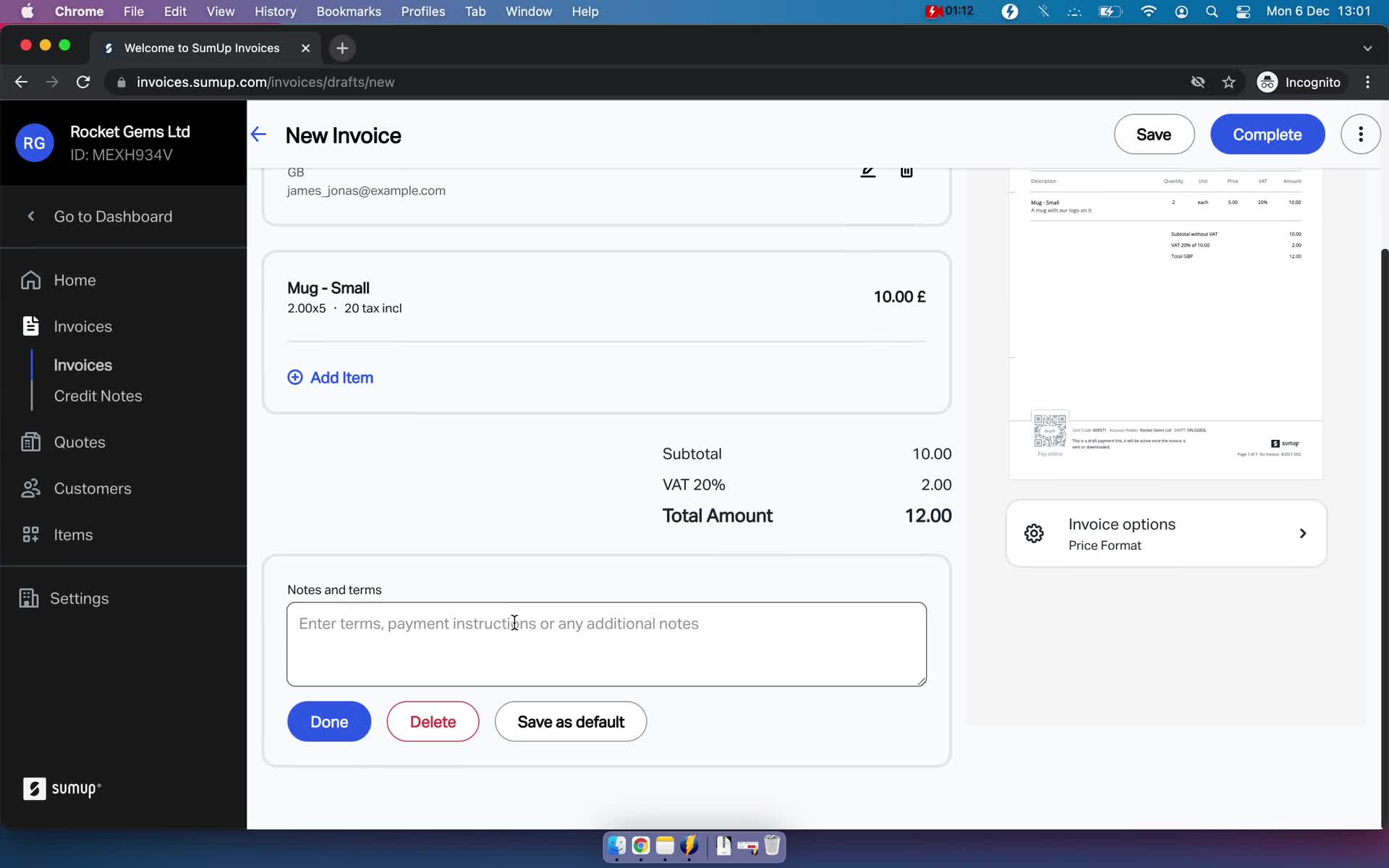 Creating an invoice screenshot