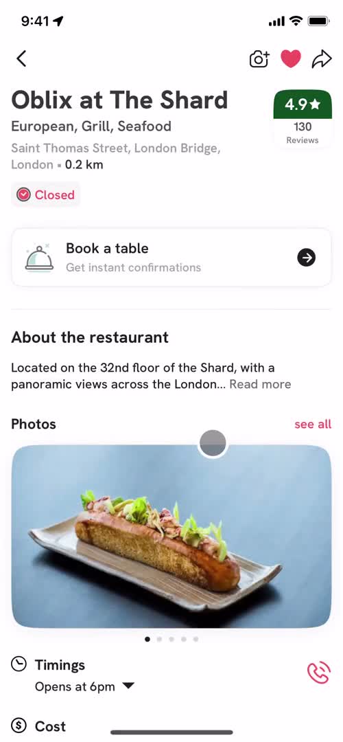 Screenshot of Restaurant details on Leaving a review on Zomato user flow