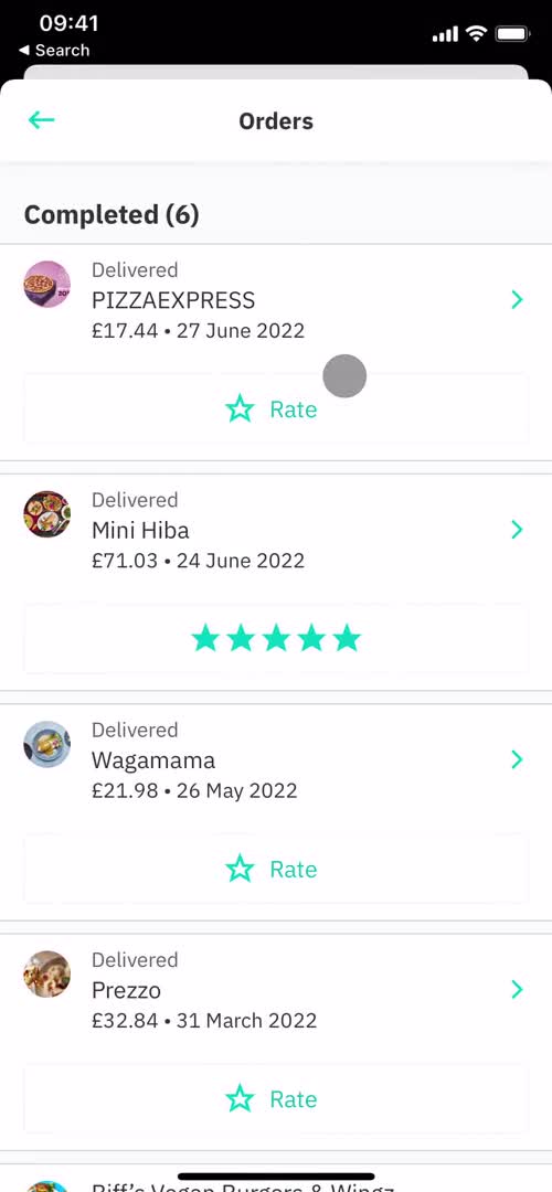 Screenshot of Order history on Leaving a review on Deliveroo user flow