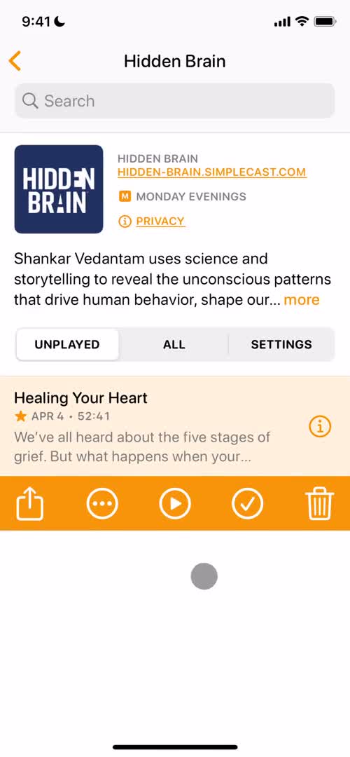 Screenshot of Action menu on Listening on Overcast user flow