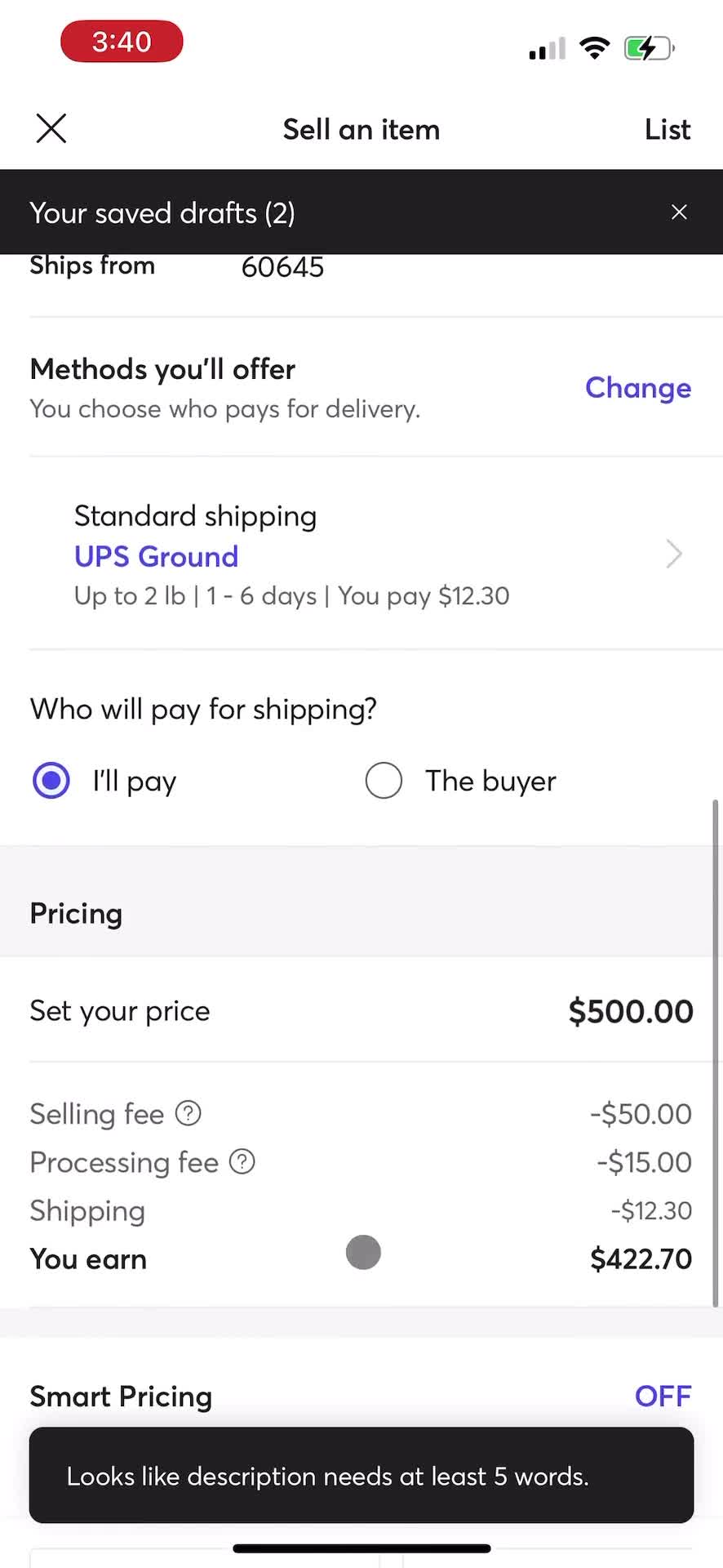 Listing a product screenshot