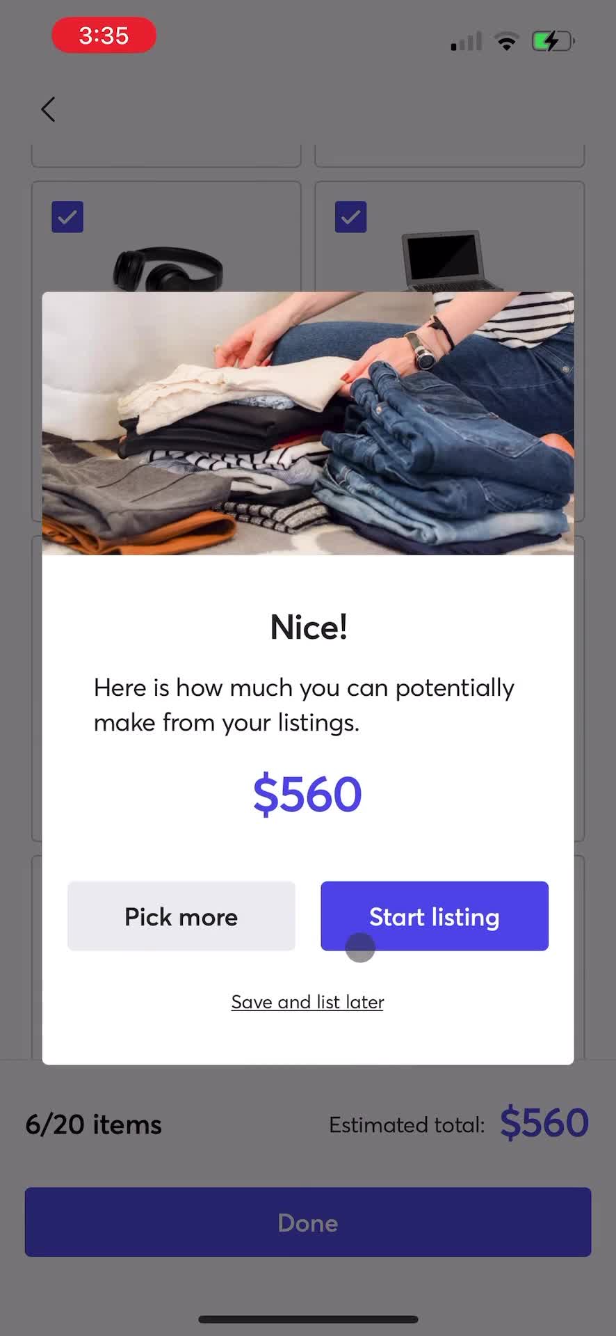 Listing a product screenshot